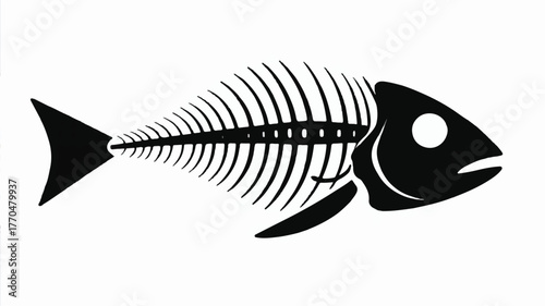 A minimalist black and white illustration of a fish skeleton silhouette 