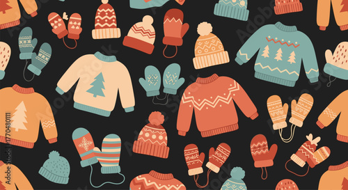 Cozy winter apparel pattern featuring festive sweaters, warm hats, and knitted mittens, perfect for holiday and cold-weather themes.