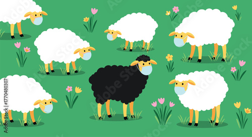 A unique black sheep stands amidst a flock of white sheep, all wearing protective face masks in a vibrant green spring meadow.