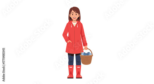 Joyful fisherwoman proudly displays fresh catch in rustic basket, ready for market or delicious meal preparation
