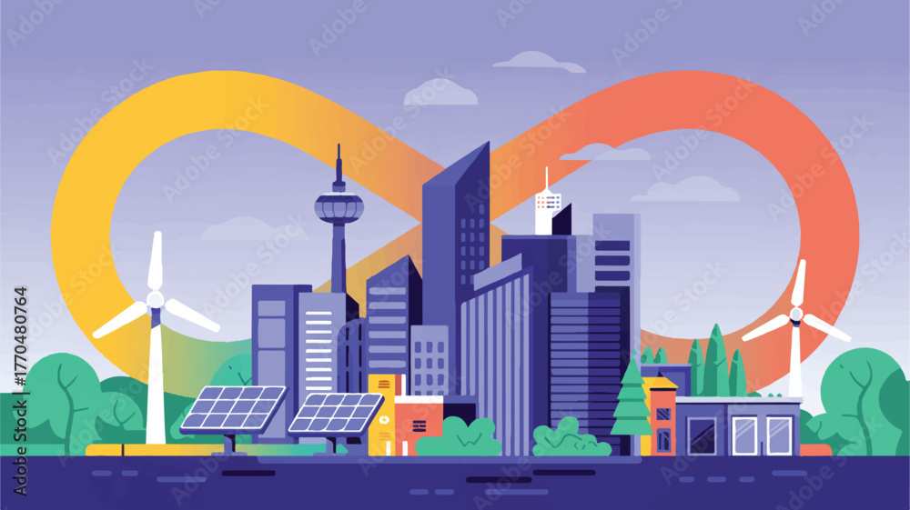 Obraz premium Sustainable city skyline with renewable energy sources and infinity loop