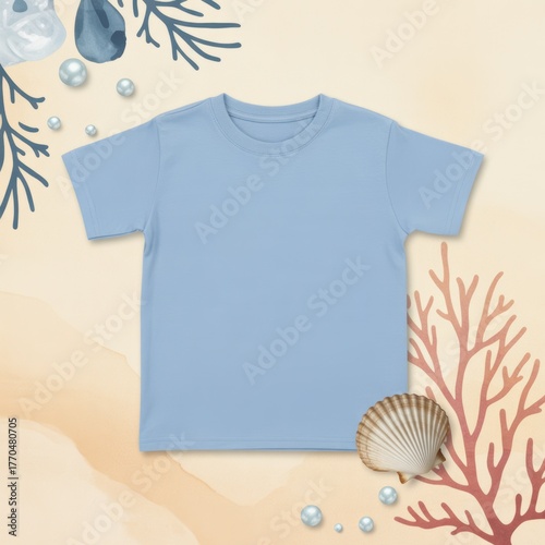 Unisex kids casual t-shirt flat lay mockup, seashell nearby. Blank light blue youth tee, lying template, small size. Toddler basic t-shirt template, top view. Child's unfolded short sleeve tee