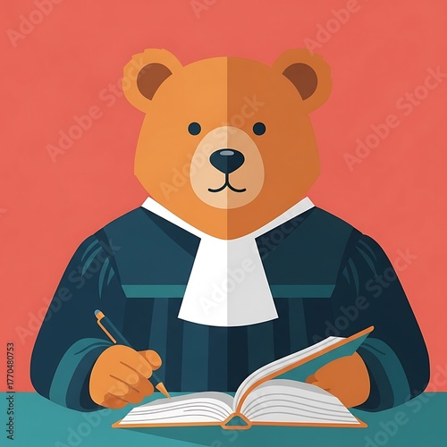 A cartoon bear, dressed in a judge's robe with a white collar, sits at a desk, writing in a large open book