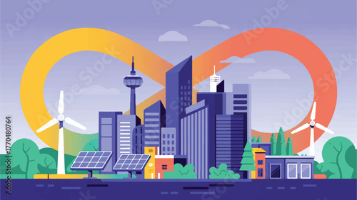 Sustainable city skyline with renewable energy sources and infinity loop
