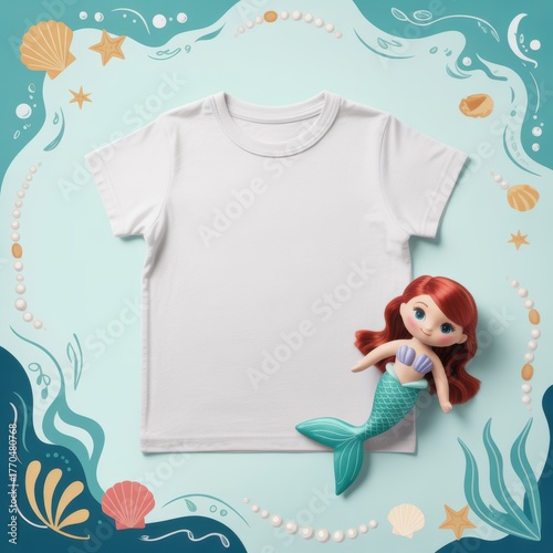 Kids casual t-shirt flat lay mockup, toy mermaid nearby. Blank white youth tee, lying template, small size. Toddler girl's basic t-shirt template top view. Child's unfolded short sleeve crewneck tee