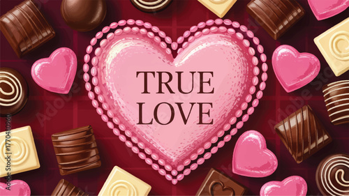 Assortment of chocolates and candies in heart shape with text true love