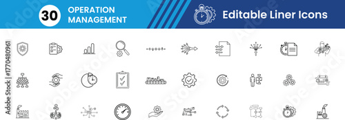 operation management glyph Icon set,Gear, Process Flow, Team, Timeline, Goal Target, Supply Chain, Performance Graph, Checklist, Strategy, Factory Vector line Icons illustration.