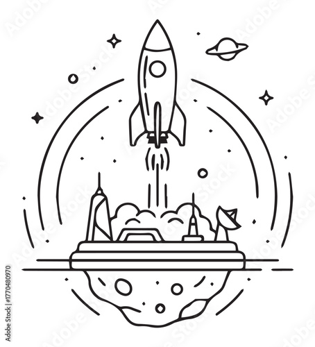 A stylized line drawing depicts a rocket blasting off from an asteroid launchpad, surrounded by stars and planets.