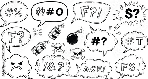 Swearing Speech Bubbles with Skulls and Bombs Line Art on Transparent Background