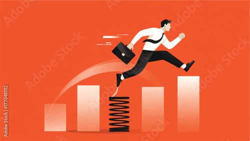 Businessman jumping over graph bars on a spring
