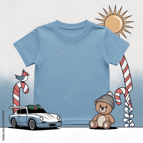 Unisex kids casual t-shirt flat lay mockup. Cartoon background. Blank blue youth tee, lying flat template, small size. Basic children's t-shirt template, top view. Unfolded short sleeve crewneck tee