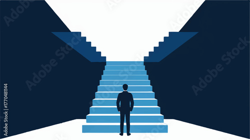 Man standing at the bottom of a staircase, choosing a path