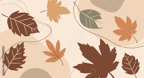 Stylized autumn leaves in earthy tones against an abstract background, with swirling lines and organic shapes for a modern fall design.