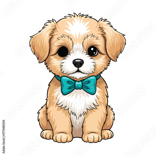 Charming cartoon puppy with fluffy beige fur big innocent eyes and a vibrant teal bow tie.