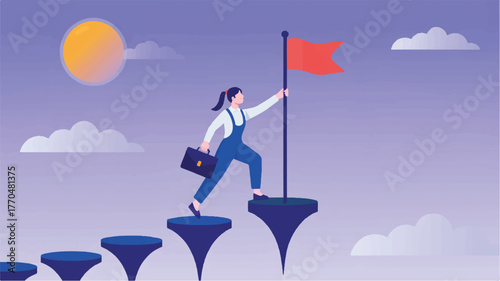 Woman climbing stairs to reach flag on mountaintop