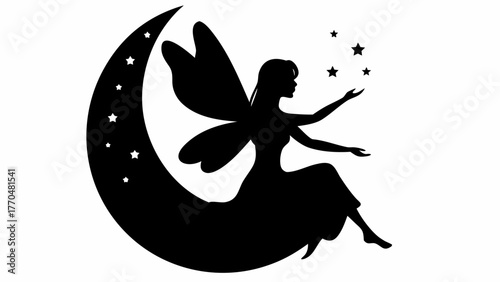 Enchanting fairy silhouette gracefully seated on moon reaching for stars, magical dreamy vector