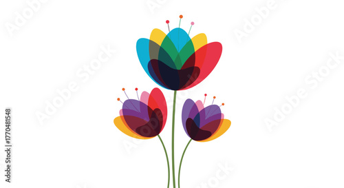 A vibrant illustration of three abstract flowers created with overlapping translucent shapes in a spectrum of colors, set against a clean white background.