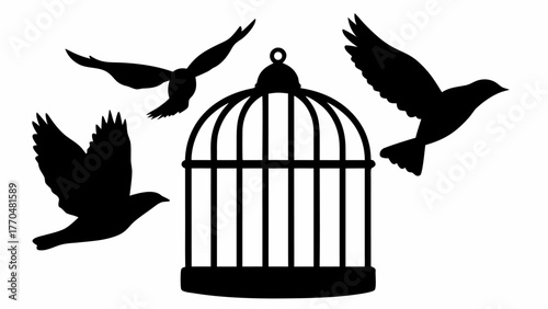 Freedom awaits birds flying away from cage in stunning silhouette, escape captivity and find liberation