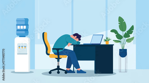 Man sleeping at desk with laptop in office