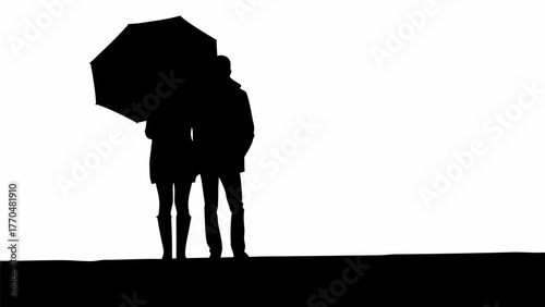 Couple's silhouette under umbrella, embracing closeness and protection from the elements, romantic scene