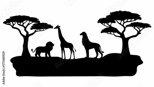Stunning African savanna silhouette featuring lion, giraffe, and other wildlife under acacia trees