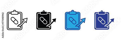 Medical clipboard with capsule and upward arrow icon, representing healthcare progress and growth, isolated on white background