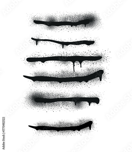 Isolated black spray paint drips and lines on a white background for artistic design elements and textures, black paint brush strokes