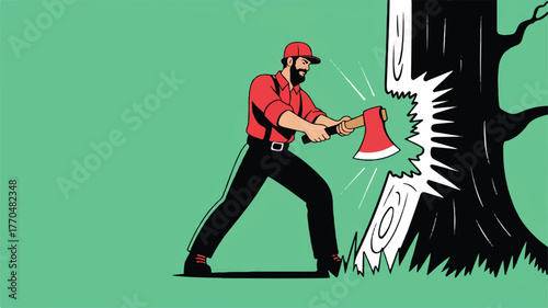 Lumberjack chopping down a tree with an axe on a green background