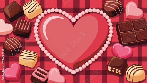 Assortment of valentines day chocolates arranged around a heart