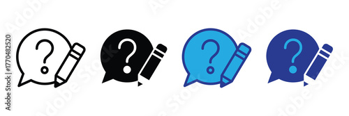 Four different question mark icons in speech bubbles with pencils, isolated on white background
