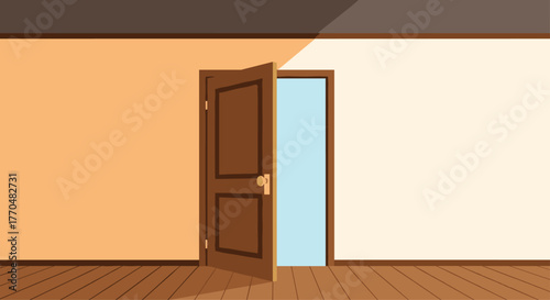 Step into opportunity with an inviting open door casting warm light into a clean, modern space, symbolizing new beginnings and possibilities