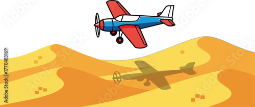 Cartoon airplane flying over the desert with blue sky and sand dunes