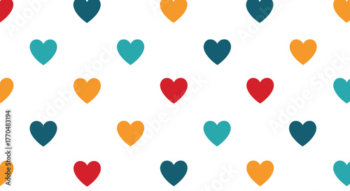 Seamless pattern of small, vibrantly colored hearts on a pristine white background, perfect for romantic and cheerful designs.