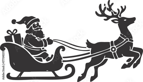 Santa Claus riding sleigh with reindeer and Christmas gifts in festive flat vector illustration