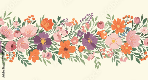 Vibrant seamless border of spring and summer wildflowers in pink, orange, and purple hues with lush green foliage on a light background.