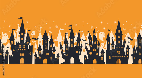 Spooky Halloween border featuring haunted castles, flying bats, and friendly ghosts against a starry orange backdrop.