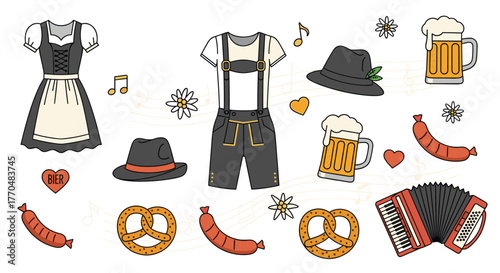Oktoberfest celebration elements featuring traditional German clothing, food, drinks, music, and decorative symbols on a white background.