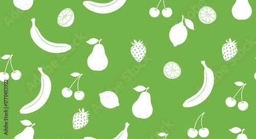 Seamless pattern of various white fruit silhouettes including bananas, pears, strawberries, and cherries on a bright green background.