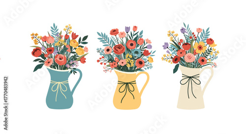 Three colorful flower bouquets in decorative pitchers with bows, perfect for spring and summer.