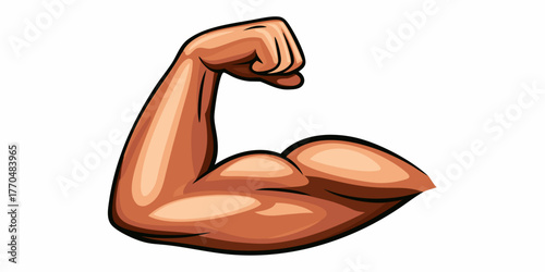 Illustration of a strong muscular arm flexing its bicep with a clenched fist against a white background