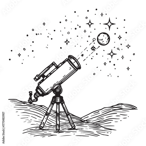 A hand-drawn illustration of a telescope on a tripod pointed towards a sky filled with stars and the moon.