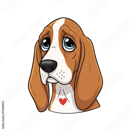Illustrated head of a sad Basset Hound puppy with a red heart and large glossy blue eyes.