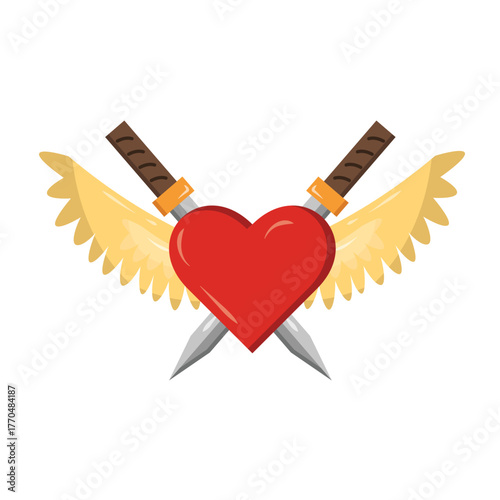 Strong Red Heart Symbol Flanked by Golden Angel Wings and Pierced by Two Crossed Swords or Katanas. Powerful Vector Graphic Representing Betrayal, Heartbreak, Pain. Isolated on White.