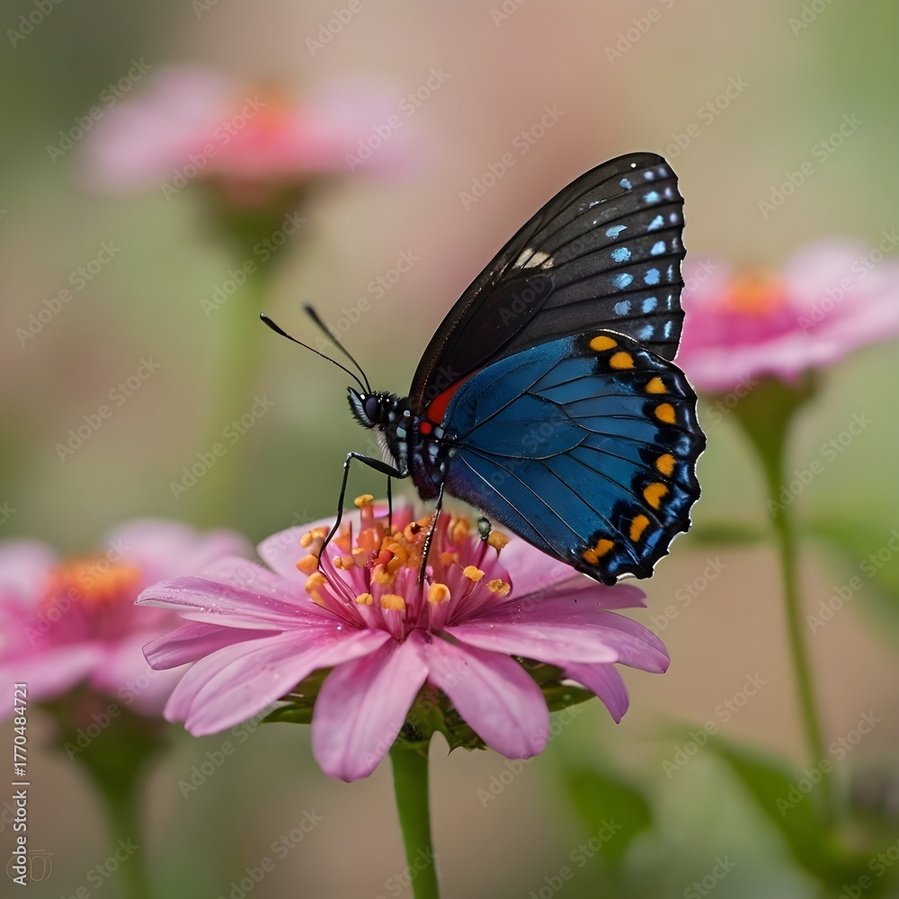 Obraz premium Close-Up Shot of Colorful Butterfly Resting on Pink Flower — Macro Nature Photography with Soft Blur Background