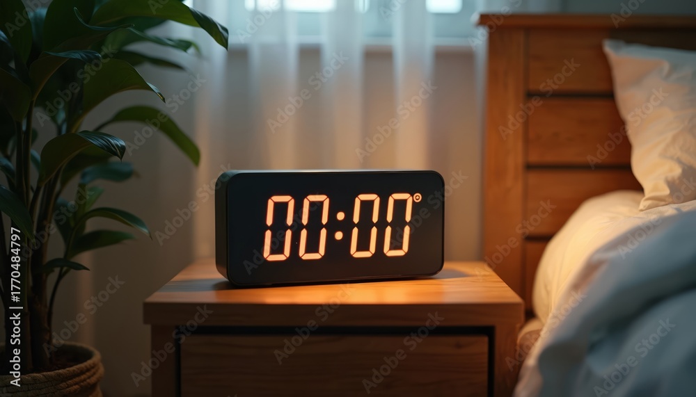 © miss irine - Digital clock displays zero time on bedside table at night. Time symbolizes beginning of new day new era. Clock is on nightstand near bed in room.