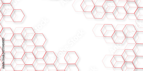 Fototapeta Naklejka Na Ścianę i Meble -  Abstract white background with gold hexagons seamless pattern and geometric in vector design. Futuristic blue neon honeycombs. Modern technology design .Minimal style website banner, decoration .