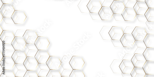 Abstract white background with gold hexagons seamless pattern and geometric in vector design. Futuristic blue neon honeycombs. Modern technology design .Minimal style website banner, decoration .