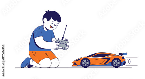 Joyful boy enthusiastically plays with remote control car, experiencing thrilling playtime adventures and pure childhood fun