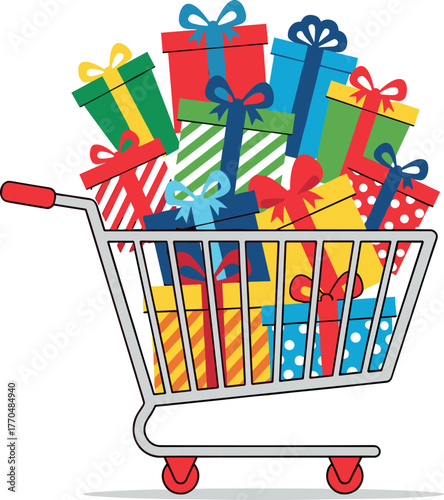 Shopping cart overflowing with colorful gift boxes