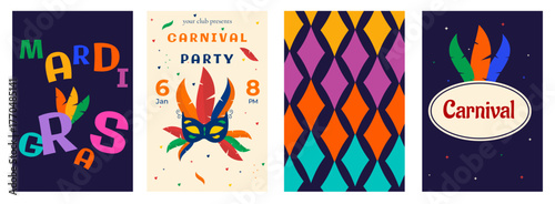 A set of carnival templates for the festival.A banner, an invitation to a celebration. Mardi Gras, masquerade, symbols of the holiday. Vector illustration